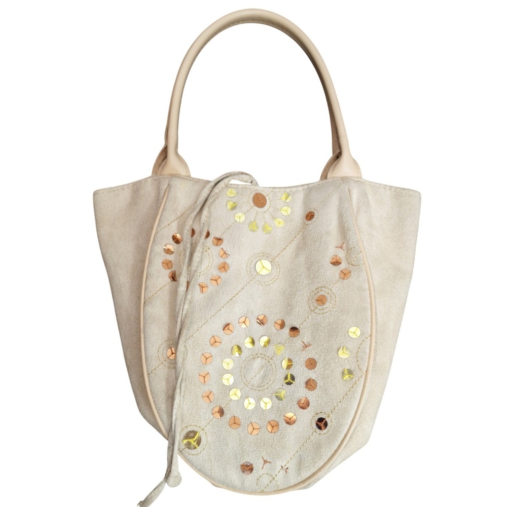Bath & Body Works Cream Faux Suede Sequin Sunburst Tote Handbag Gold Copper Boho
